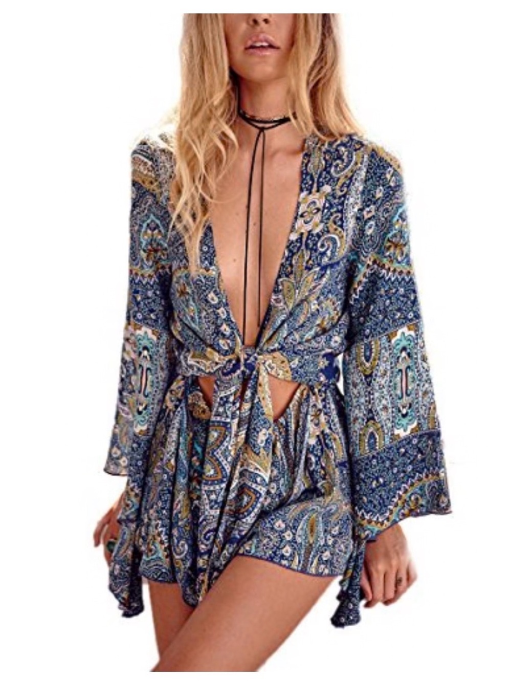 Blue Paisley Tie-Front Romper